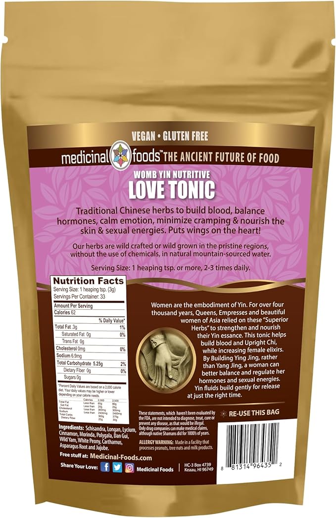 Medicinal Foods Love Tonic Hormonal Balance for Women | 12 Powerful Chinese Herbs Including Schisandra, White Peony & Longan | Yin Energy Booster | All-Natural | Vegan & Gluten-Free | 100g