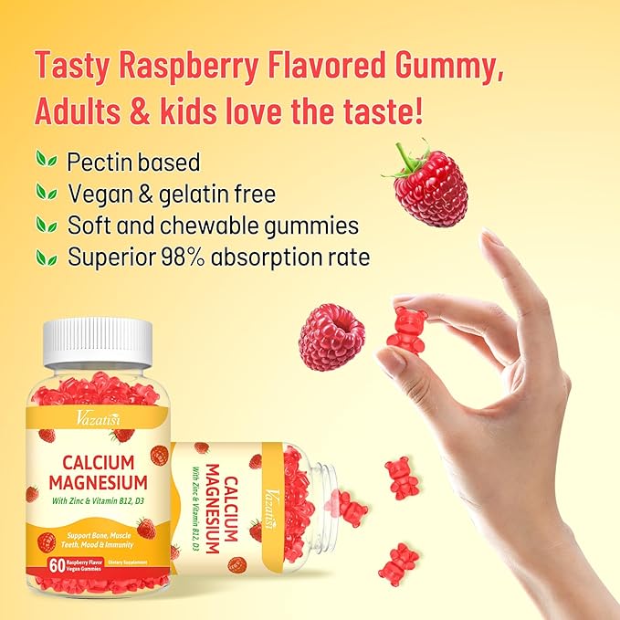 2 Pack Calcium Magnesium Zinc Gummies D3 & B12, Sugar