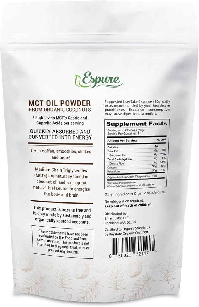 Organic MCT Powder - USDA Certiifed Organic; with Prebiotic Acacia Fiber; 4 oz