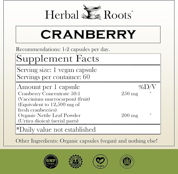 Herbal Roots Extra Strength Cranberry Pills for Women & Men with Organic Nettle | Urinary Tract Health | 60 Vegan Capsules