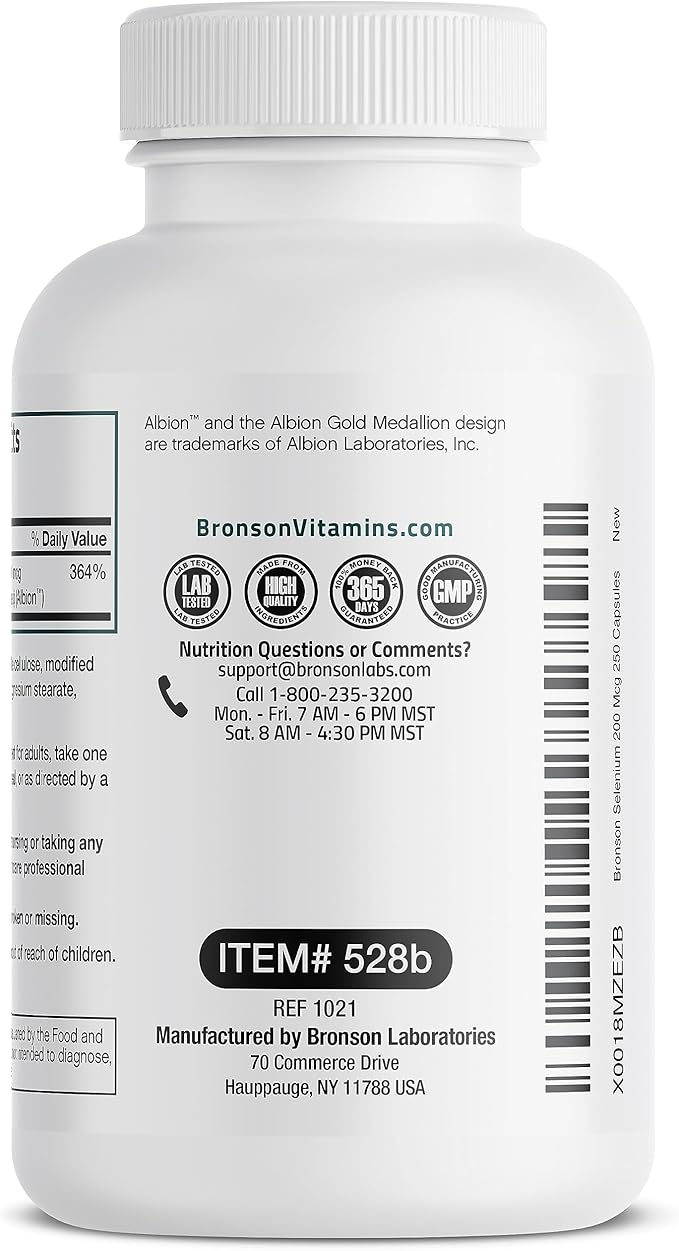 Bronson Selenium 200 mcg – Yeast Free Chelated Amino Acid Complex - Essential Trace Mineral with Superior Absorption, 250 Vegetarian Capsules