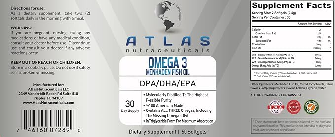 Atlas Nutraceuticals-Atlantic Caught Menhaden Fish Oil-Lab 3-2400mg, Burpless, DPA/DHA/EPA-60 Softgels (1)