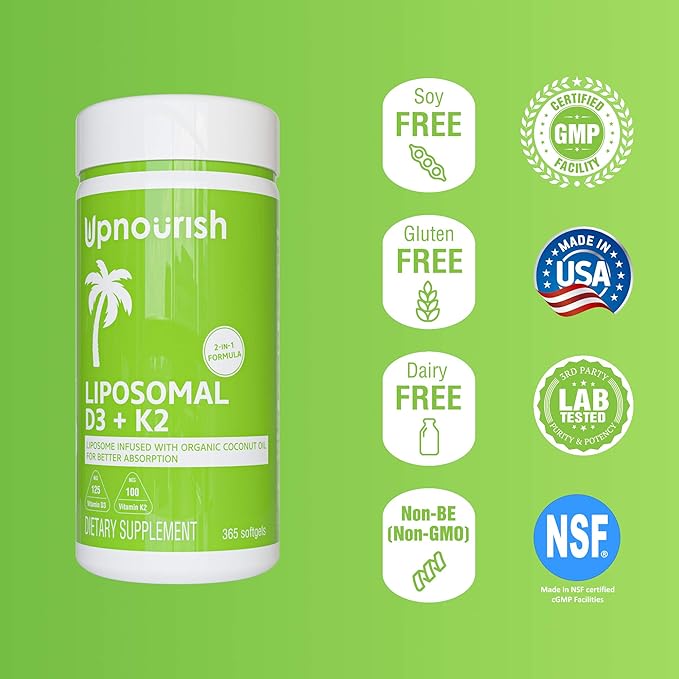 UpNourish Liposomal D3 & K2 MK-7, 5000 IU 125 mcg D3 and 100 mcg k2 with 365 Mini