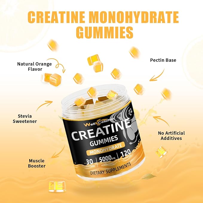 Creatine Monohydrate Gummies for Men Women - Vegan Creatine Supplement Gummies 5000mg Chewable for Muscle Strength Growth Recovery, Lab Tested Preworkout Gummies Sugar Free Orange Flavor 120ct