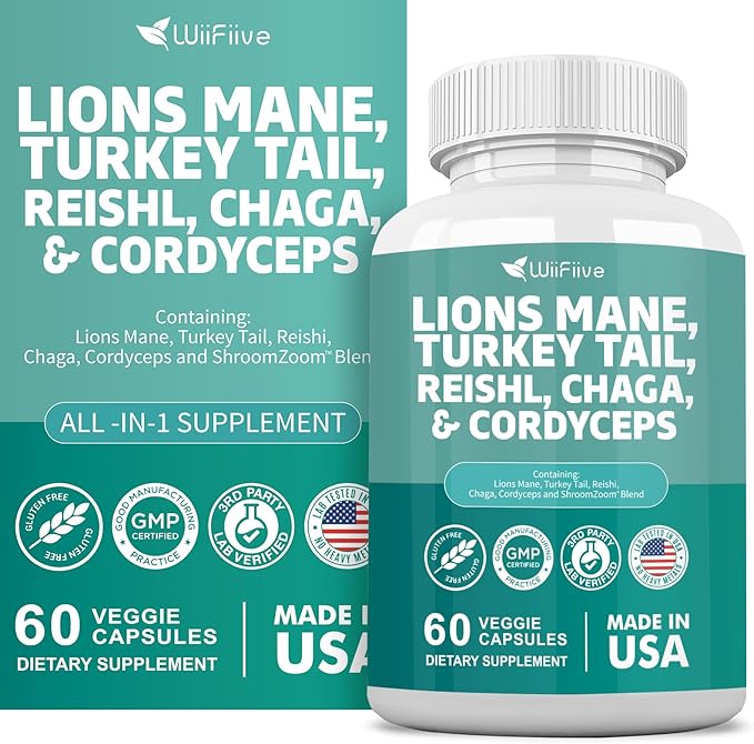 Lions Mane 3000mg Turkey Tail 3000mg 1000mg Chaga 1000mg Cordyceps 60 Capsules
