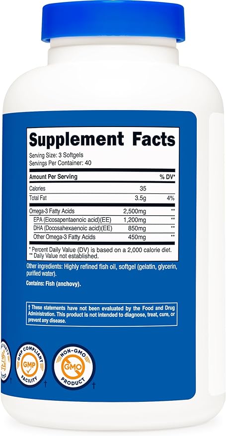 Nutricost Omega 3 Fish Oil 2500MG, 120 120 Softgels (40 Serv) 1200mg EPA 850mg DHA