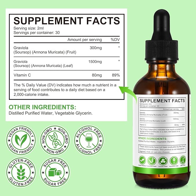 (2 Pack) Soursop Graviola Liquid Drop, Nature Soursop Extract Liquid for Cell Support & Regeneration, Immunity, Liver & Antioxidant, Easy to Absorption