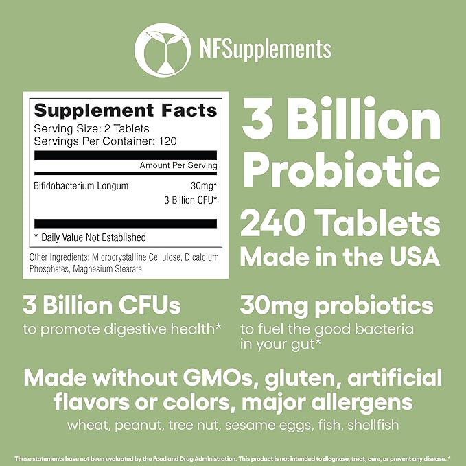 Bifidobacterium Longum Probiotic Supplement 240 Tablets 3 Billion CFU Probiotics for Men & Women Supports Intestinal Digestive & Gut Health Made in The USA (240, Bifidobacterium Longum)