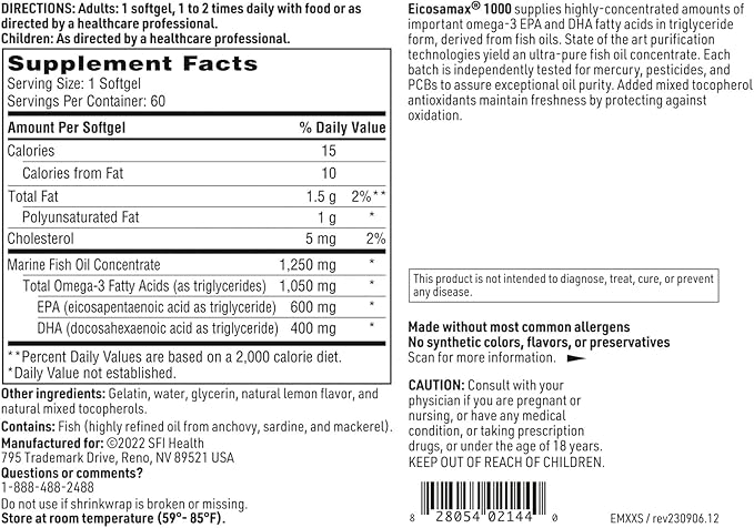 Klaire Labs Eicosamax 1000 TG Fish Oil 1000 mg Omega-3 Fish (60 Softgels)