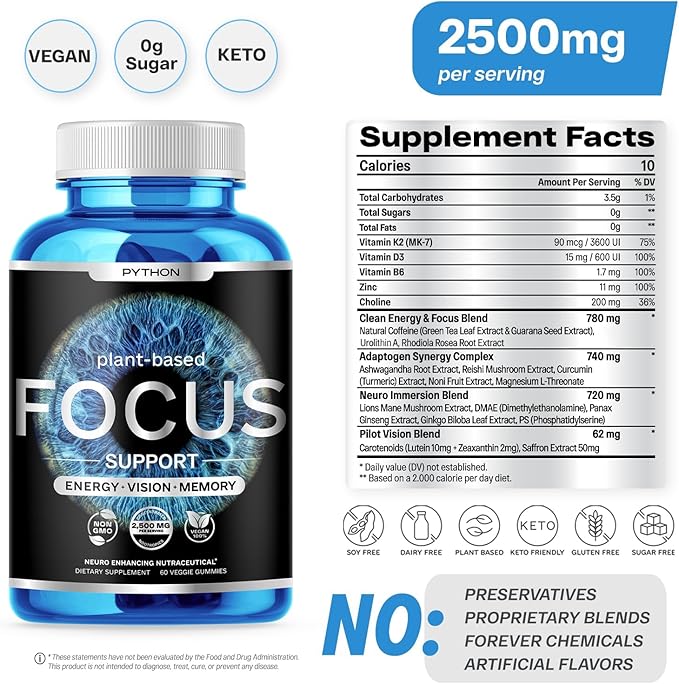PYTHON FOCUS Brain Health Supplement 2 Eye D3, K2 K2 & B6, Zinc, 60 Vegan