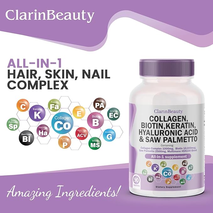 ClarinBeauty 100% Natural Collagen Pills 1000mg 10000mcg Keratin 2500mg Hyaluronic
