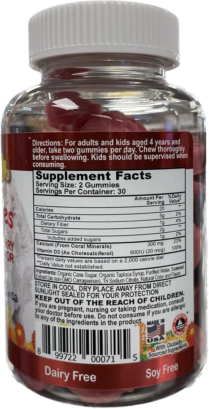 Coral Calcium Vitamin D3 Kids Gummy, Natural Cherry Flavor, Non GMO, Gluten-Free, Dairy-Free, Soy-Free and Gelatin Free - 300 mg of Calcium, and 800 IU of Vitamin D3-60 Gummies (2 Pack)