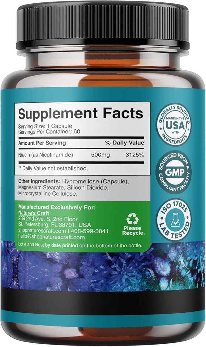 Vitamin B3 Niacinamide 500mg Capsules B3 Niacin 500mg Flush 500mg - 60 Count