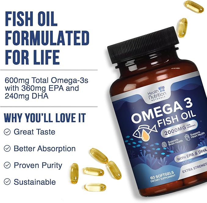 Triple Strength Omega 3 Fish Oil 2000 mg Omega-3 Supplements, 60 Count