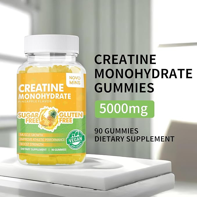 Creatine Monohydrate Gummies 5000mg for Men & Women, Chewables Creatine Monohydrate for Muscle Strength, Muscle Builder, Energy Boost, Pre-Workout Supplement(90 Count)-Pineapple Flavor.