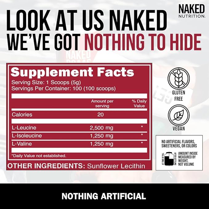 Naked BCAAs Amino Acids Powder, Only 1 Ingredient, Pure 2:1:1 Formula, Vegan Unflavored Branched Chain Amino Acids, Instantized All Natural BCAA Supplement - 500 Grams, 100 Servings