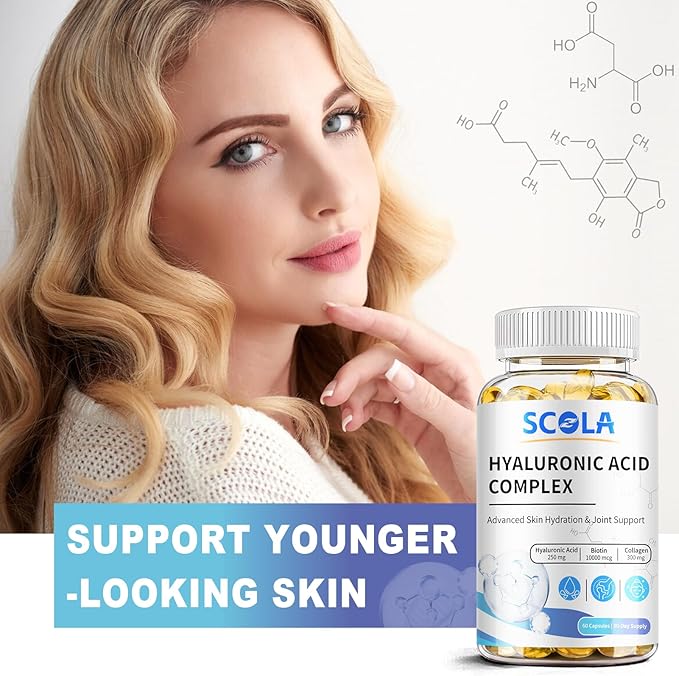 Hyaluronic Acid Supplements - Advanced Skin Hydration & Joint Support with 250 mg Hyaluronic Acid, Vitamin C, Collagen, and 10000 mcg Biotin - Anti-Aging, Skin, Supplement - 60 Vegan Capsules