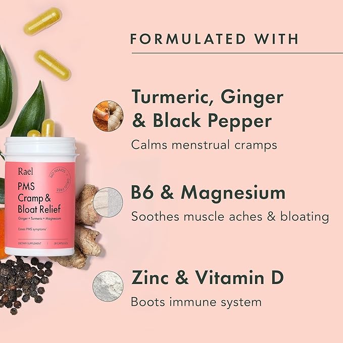 Rael PMS Supplement, Hormone Balance for Women, Relief from Menstrual Cramps, Period Bloating, Mood Swings Treatment with Turmeric, Ginger, Magnesium, No NSAIDs, Vegan (28 Capsules)