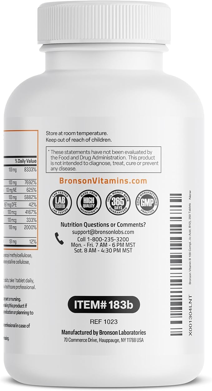 Bronson Super B 100 Vitamin B B1, B2, B2, B3, B3, B6, B6, B9 B9 - B12) Supports 250 Tablets