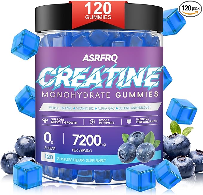 Creatine Monohydrate Gummies for Men & Women 120 CT - 7200mg of Creatine Monohydrate per Serving, Chewable Creatine Monohydrate for Muscle Support & Energy Boost, Sugar Free, Vegan (BlueberryFlavor)