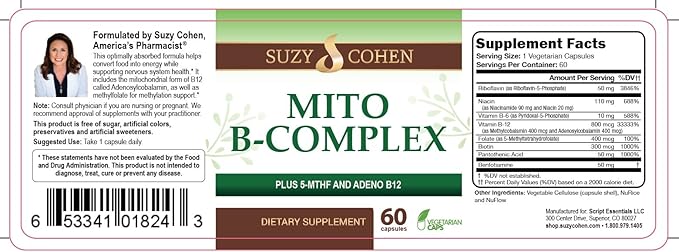 Suzy Cohen, Mito B Complex Dietary 5-MTHF, Adeno B12, Methylation 60 veg