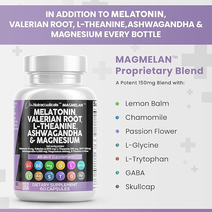 Clean Nutraceuticals Melatonin 10mg Valerian Root 6000mg L 200mg Ashwagandha 4000mg - 60 Caps