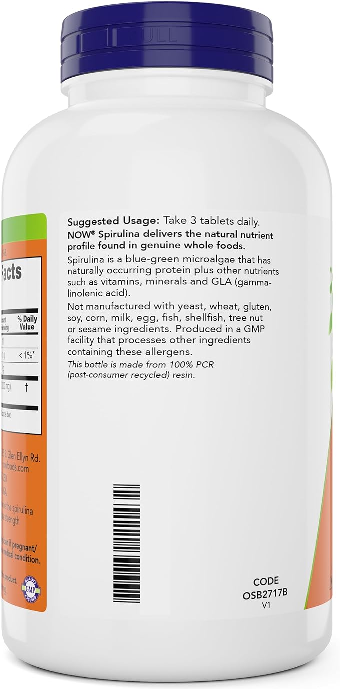 NOW Foods Organic Spirulina 1000mg Tablets 300 Count 1000 mg B-12 and