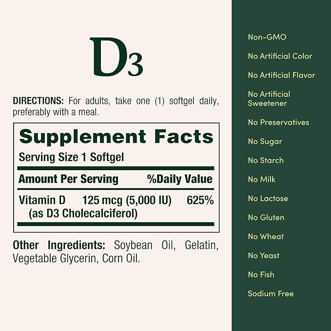 Nature's Bounty Vitamin D3, Immune Support, 125 mcg (5000iu), Rapid 240 Ct