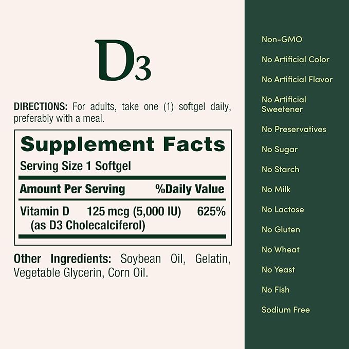 Nature's Bounty Vitamin D3, Immune Support, 125 mcg (5000iu), Rapid 240 Ct