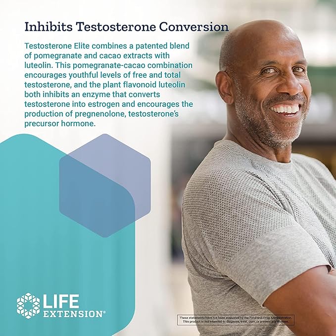 Life Extension Testosterone Elite – Testosterone Production Support Supplement for Men - with Luteolin, Pomegranate and Cacao Seed Extract – Gluten-Free, Non-GMO, Vegetarian – 30 Capsules