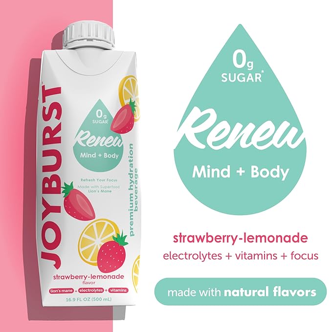 Sugar Free Electrolyte Water, Zero Calorie Hydration Drink, Refresh, Hydrate & Recover, Electrolytes+Vitamin B's + Focus, Comes in Eco-friendly Tetra Pak® packages (Strawberry-lemonade 18 Packs)