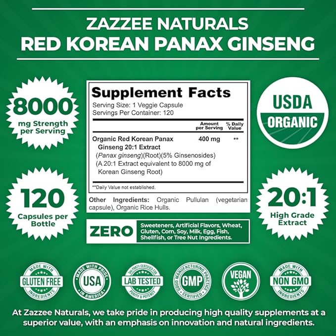Zazzee USDA Organic Red Korean Panax 20:1 Extract, 8000 mg 5% Ginsenosides, 120 Vegan 20X Root 100% Vegetarian,