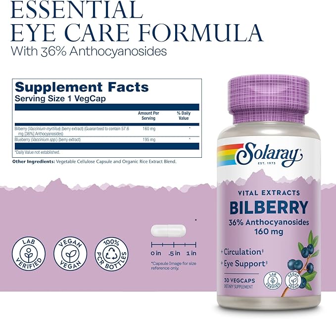 Solaray Bilberry Extract 160 mg, Eye 36% Anthocyanosides 30 VegCaps