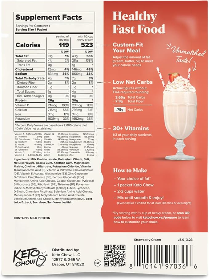 Keto Chow Strawberry Cream - Keto Meal Replacement Shake Powder - Nutritionally Complete - Low Carb - Delicious Easy Meal Substitute - Protein Rich You Choose The Fat - Single Meal Sample