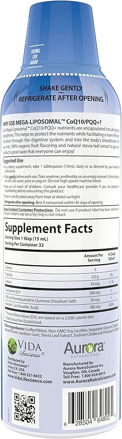 Aurora Nutrascience, Mega-Liposomal CoQ10/PQQ+ Vitamin C, Gluten Free, Non-GMO, Sugar Free, Organic Fruit Flavor, 16 fl oz (480 mL)