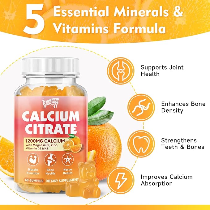 Calcium Citrate Gummies 1200 mg with Vitamin D3, K2, Magnesium, Zinc, Bone Support for Bones, Muscles & Joints,Immunity & Memory Support, 120 Count