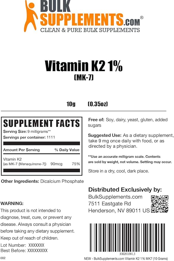 BulkSupplements.com Vitamin K2 Powder K2 MK-7, MK-7, as K2 Vitamin 9mg per 10g (0.35 (0.35 oz) 1)