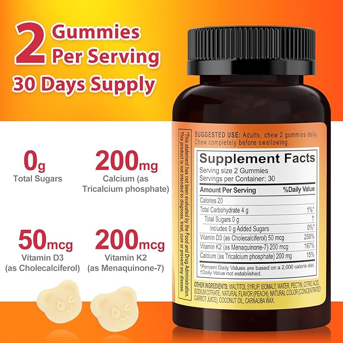 Vitamin D3 K2 Gummies with Calcium, Sugar Free Vitamins Gummies, 2000 IU D3 & 200 mcg K2 & 200 mg Calcium, Supports Healthy Bone, Immune Health Supplement, Gluten Free, GMO Free