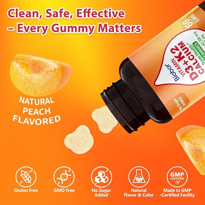 Vitamin D3 K2 Gummies with Calcium, Sugar Free Vitamins Gummies, 2000 IU D3 & 200 mcg K2 & 200 mg Calcium, Supports Healthy Bone, Immune Health Supplement, Gluten Free, GMO Free