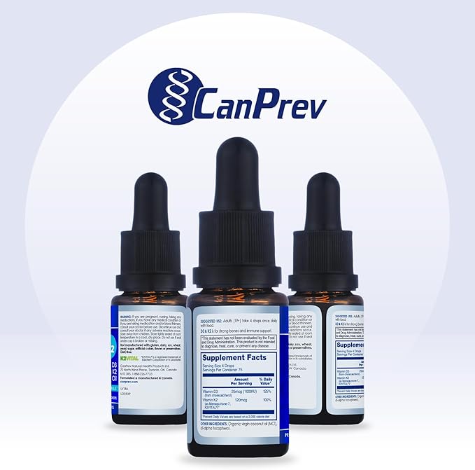 CanPrev D3 & K2 Drops - MCT Oil Base, 15ml Liquid Vitamin Supplement, 450 Drops with 250IU D3 & 30mcg MK-7 K2, Supports Strong Bones & Teeth, Easy-to-Take Formula, Free from Gluten, Dairy, Soy & Sugar
