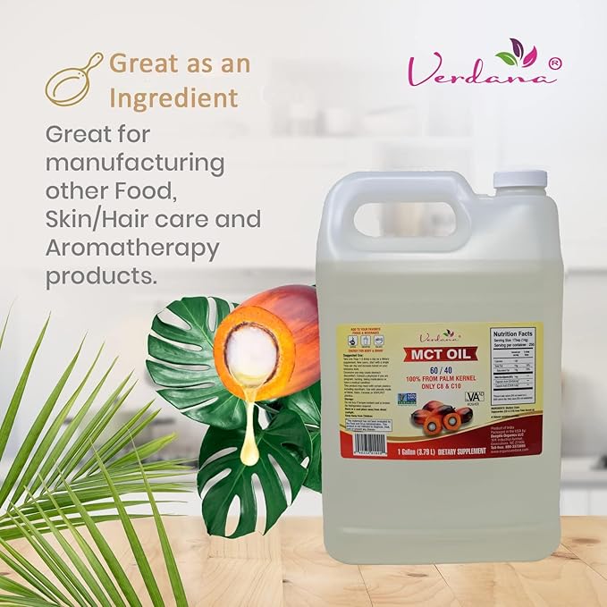 Verdana MCT Oil – Palm Kernel Derived – Kosher Food Grade – Vegan – NON GMO– Used for Keto, Paleo, Sports Nutrition, Aromatherapy, Massage, Ayurvedic Oil Pulling Oral Rinse Mouthwash – (1 Gallon)