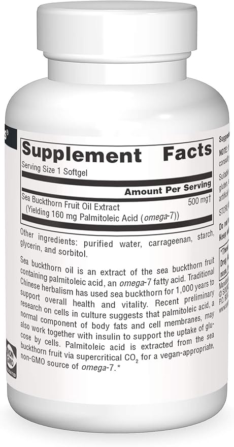 Source Naturals Omega-7 Sea Buckthorn Fruit Oil, Non-GMO, Vegan-Sourced for Health and Vitality* - 30 Vegan Softgels