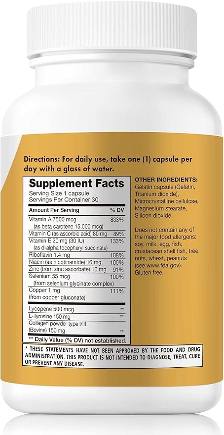 Tan Optimizer Plus+ – Tanning and Skin Health Supplement with Beta Carotene, L-Tyrosine, Collagen, and Vitamins | Immune System & Antioxidant Support | 30 Count