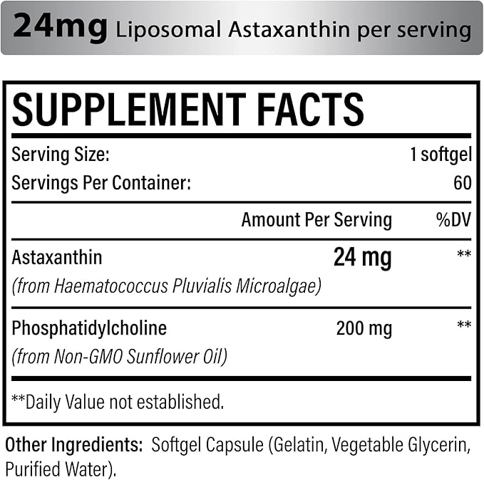 Liposomal Astaxanthin Supplement 24 MG, Maximum 60 Softgels(2 Softgels(2 Months