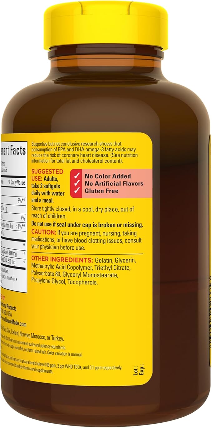 Nature Made Burp Less Fish Oil 1000 mg 3 Fish 3 Supplement 150 Softgels, 75 Day