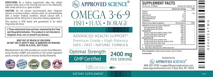 Approved Science Omega 3-6-9-2400mg Daily Blend 120 Softgels 2 Month