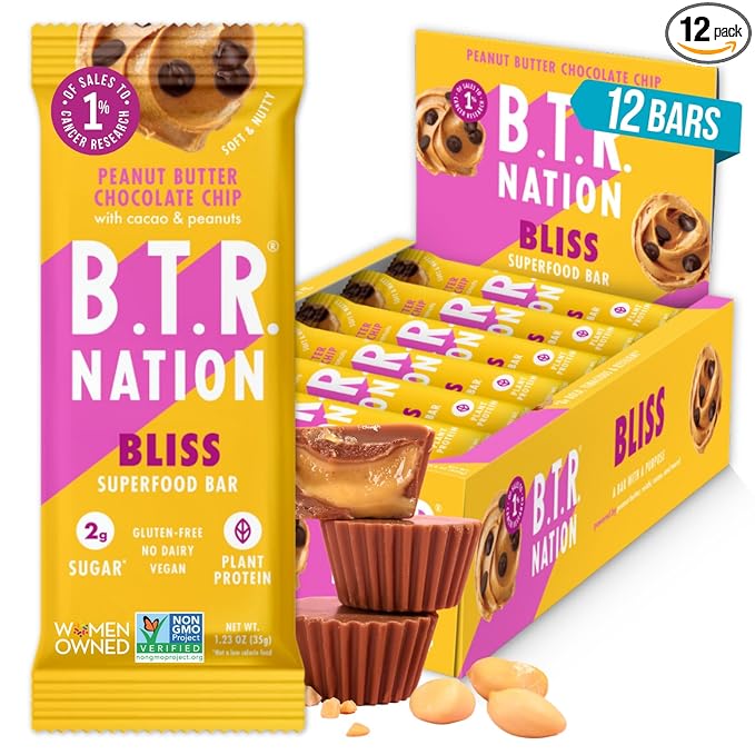 Vegan Keto Superfood Protein Bars, by B.T.R. - Low Carb, Plant Based, Gluten Free |12 Bars| Free of Sugar Alcohols & Boosted with Powerful Superfoods! (Peanut Butter Chocolate Chip BLISS)