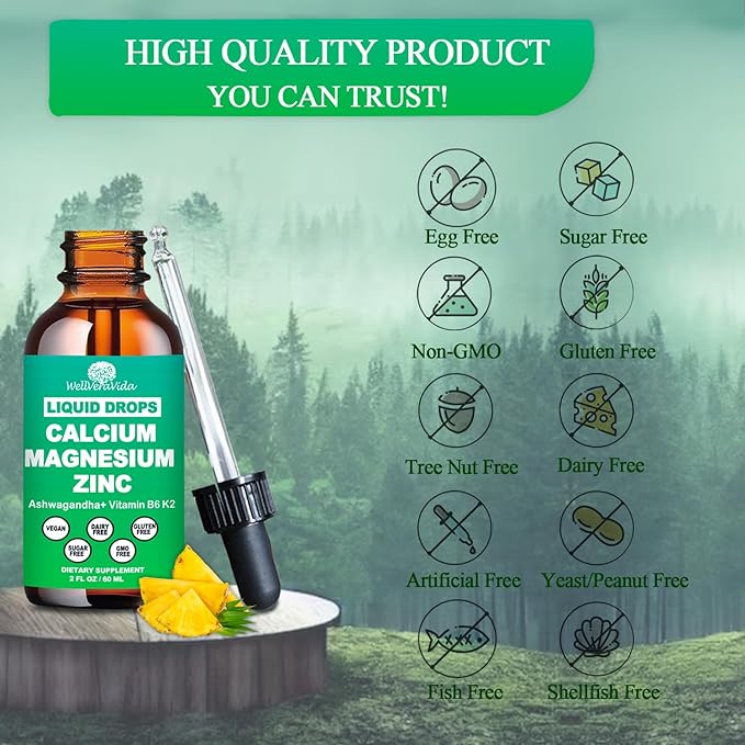 Calcium Magnesium Zinc Liquid Drops with Vitamin D3 K2, High Potency Calcium Magnesium Supplement w/Magnesium Complex, Zinc, Theanine丨Gluten Free丨 for Immune, Bone,Muscle, Mood & Sleep Support