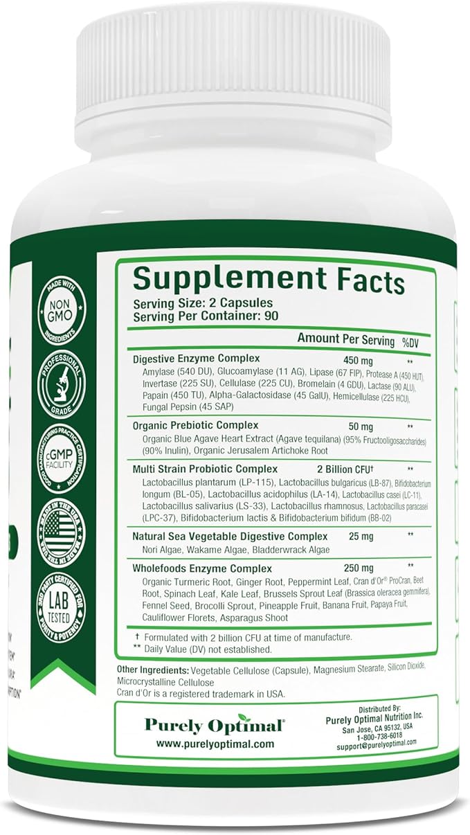 Purely Optimal Premium Digestive Enzymes Plus 180 Capsules