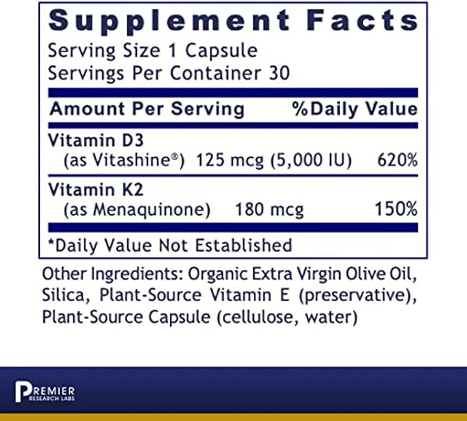 Premier Research Labs: Vitamin D3 + K2 Supplements 5000 IU 30 Plant-Source